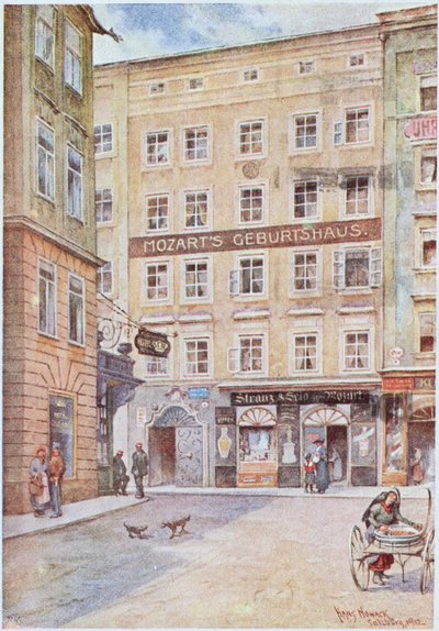 Cartolina raffigurante la casa a Salisburgo dove nacque Wolfgang Amadeus Mozart, 1912 da Hans Nowack